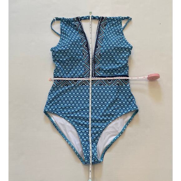 NWT Cupshe Turquoise Blue Boho Geometric Print Halter One-Piece Swimsuit, M - Picture 8 of 10